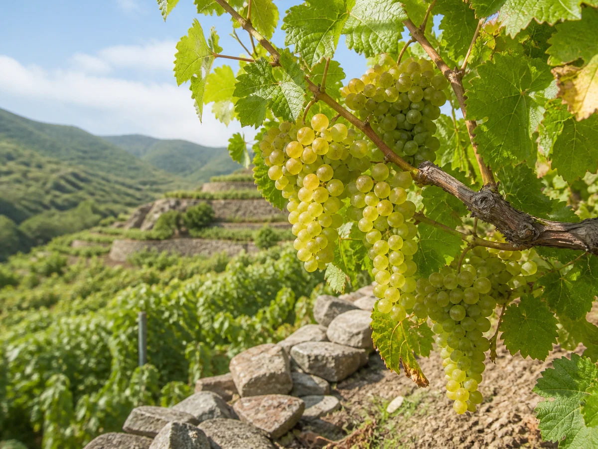 Prancha botânica complementar de Videira Tália (Vitis vinifera 'Tália') com caracteres de identificação e ciclo de vida