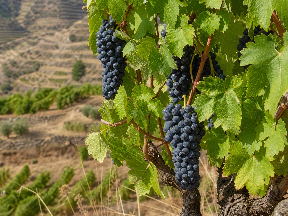 Prancha botânica complementar de Videira Tinta-Barroca (Vitis vinifera 'Tinta-Barroca') com caracteres de identificação e ciclo de vida