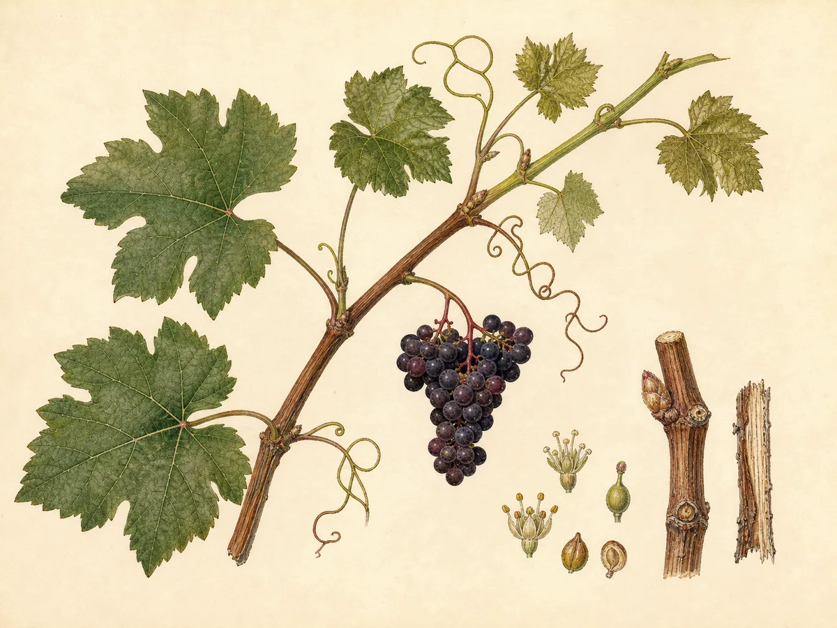 Prancha botânica complementar de Videira Tinta-Negra (Vitis vinifera 'Tinta-Negra') com caracteres de identificação e ciclo de vida