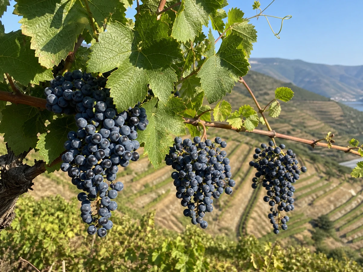 Prancha botânica complementar de Videira Touriga-Franca (Vitis vinifera 'Touriga-Franca') com caracteres de identificação e ciclo de vida
