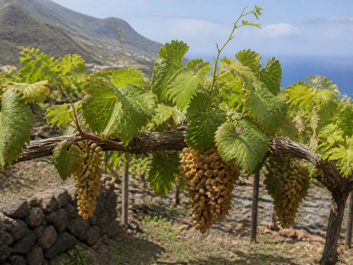 Prancha botânica complementar de Videira Triunfo (Vitis vinifera 'Triunfo') com caracteres de identificação e ciclo de vida