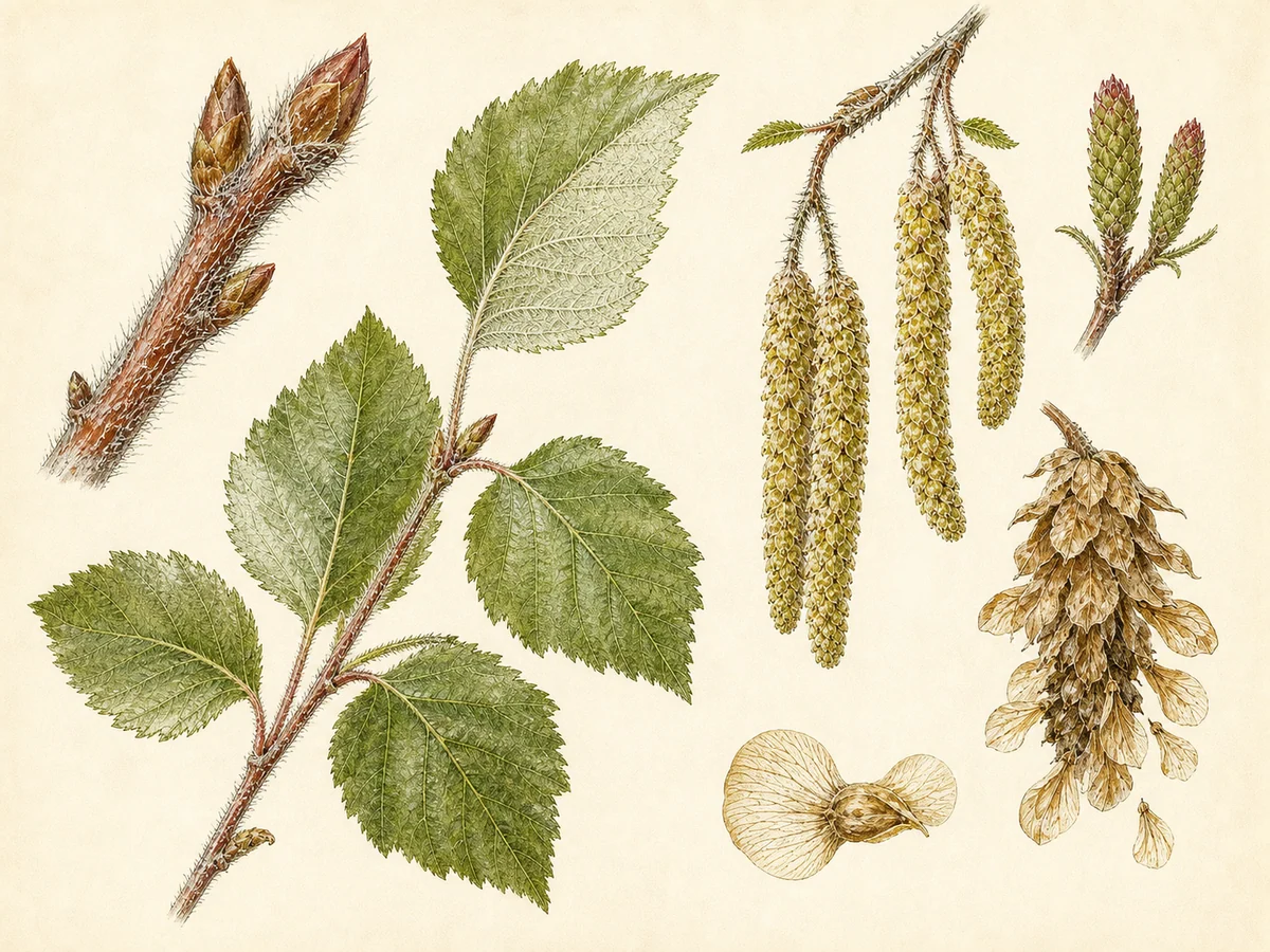 Prancha botânica complementar de Vidoeiro-pubescente-celtibérico (Betula pubescens subsp. celtiberica) com caracteres de identificação e ciclo de vida