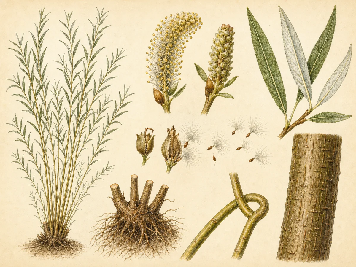 Prancha botânica complementar de Vimeiro (Salix viminalis) com caracteres de identificação e ciclo de vida