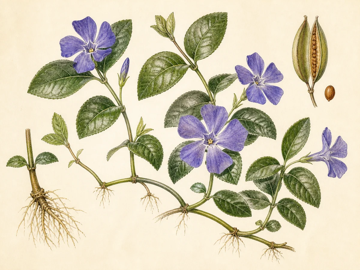 Prancha botânica complementar de Pervinca-maior — exceção madeirense documentada (Vinca major) com caracteres de identificação e ciclo de vida