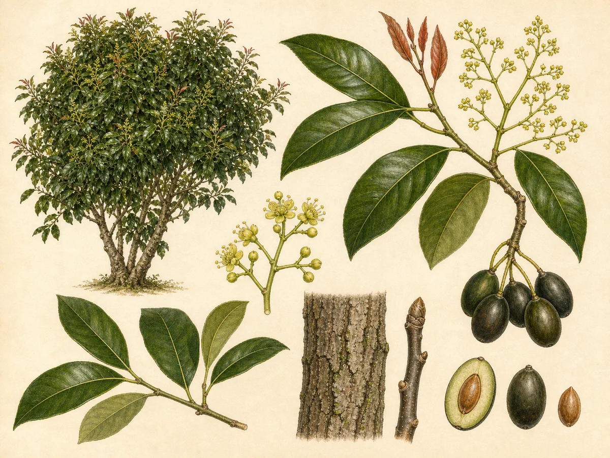 Prancha botânica complementar de Vinhático (Persea indica) com caracteres de identificação e ciclo de vida