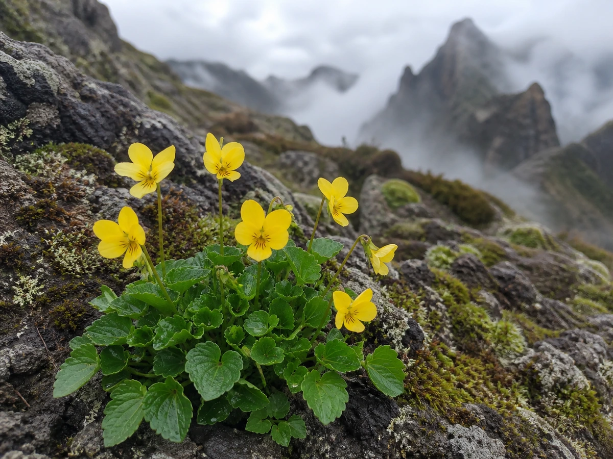 Prancha botânica complementar de Violeta-da-Madeira (Viola paradoxa) com caracteres de identificação e ciclo de vida