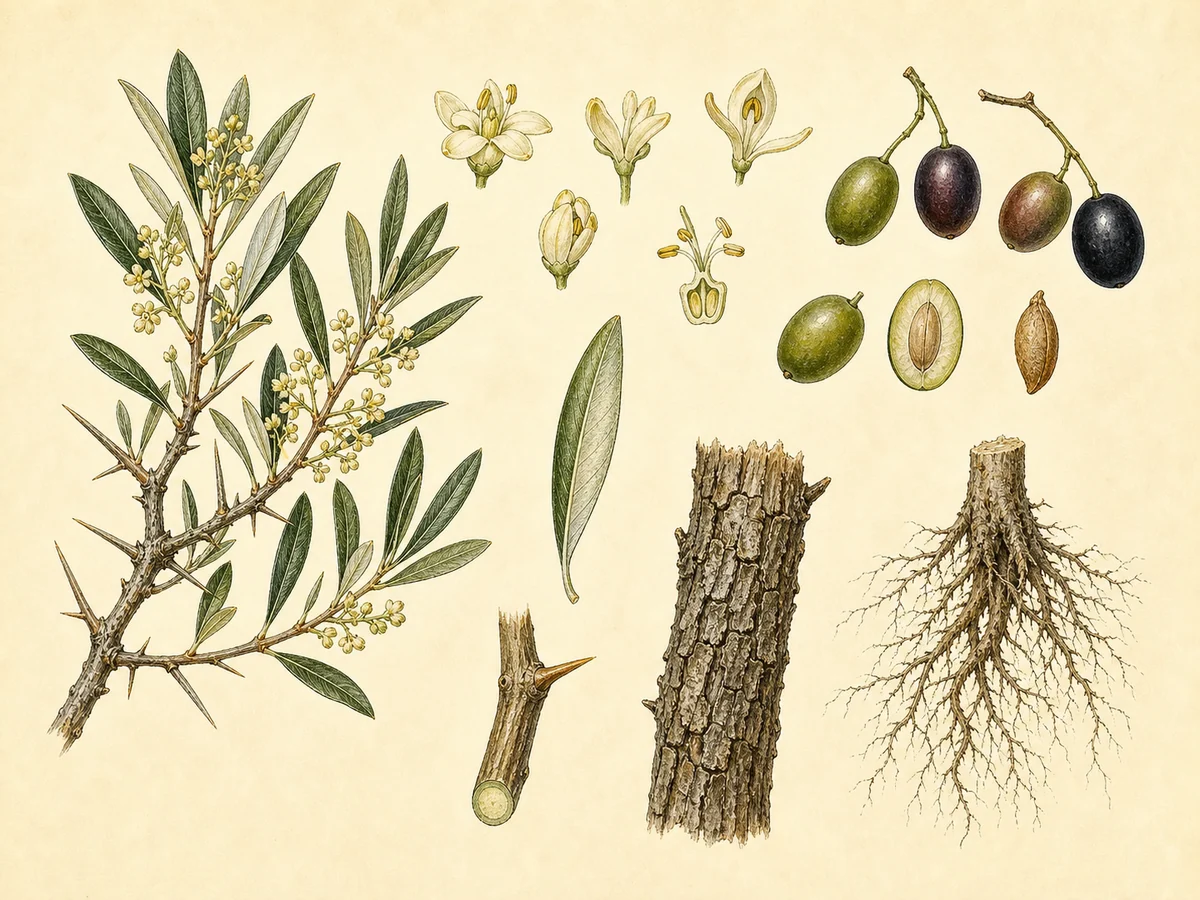 Prancha botânica complementar de Zambujeiro (Olea europaea var. sylvestris) com caracteres de identificação e ciclo de vida