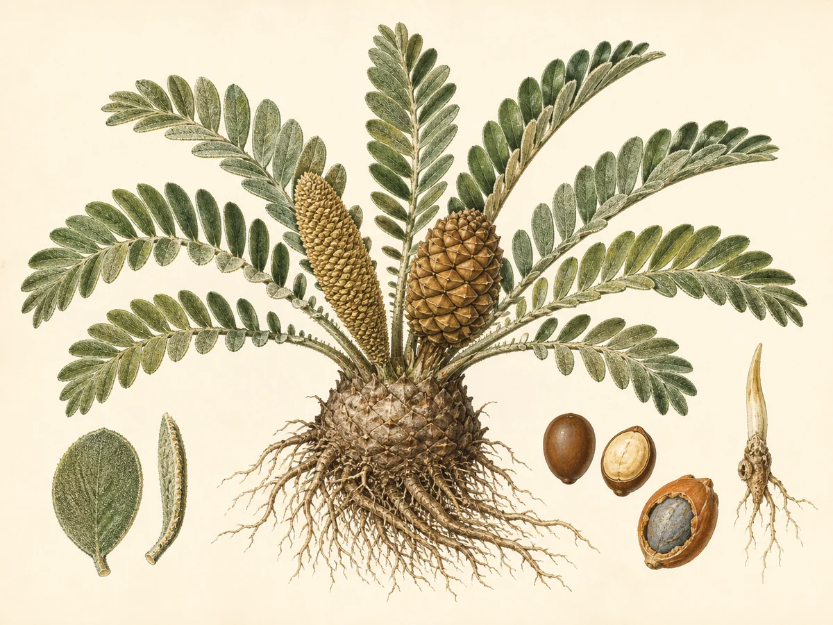 Prancha botânica complementar de Zâmia-furfurácea (Zamia furfuracea) com caracteres de identificação e ciclo de vida