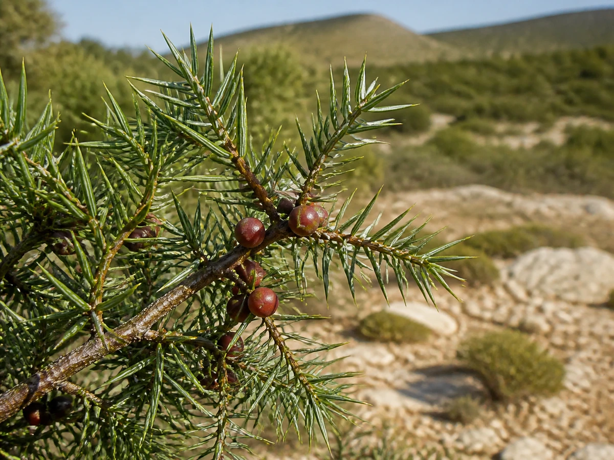 Prancha botânica complementar de Zimbro-bravo (Juniperus oxycedrus subsp. oxycedrus) com caracteres de identificação e ciclo de vida