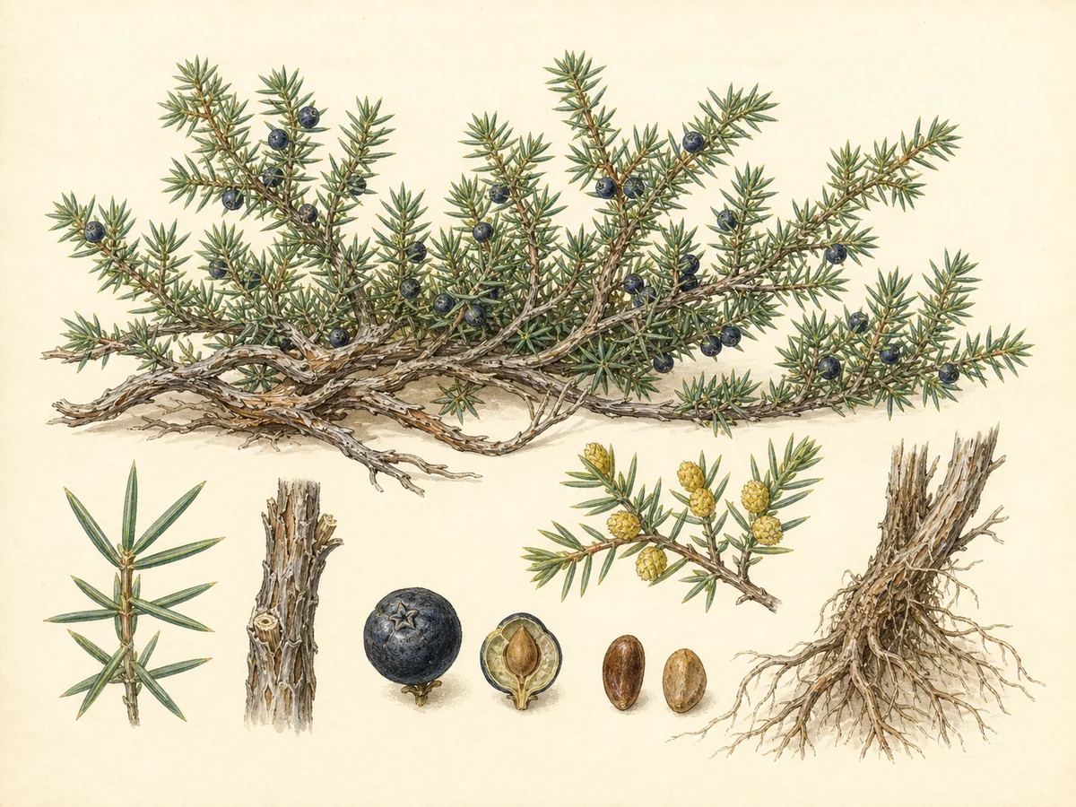 Prancha botânica complementar de Zimbro-galego (Juniperus navicularis) com caracteres de identificação e ciclo de vida