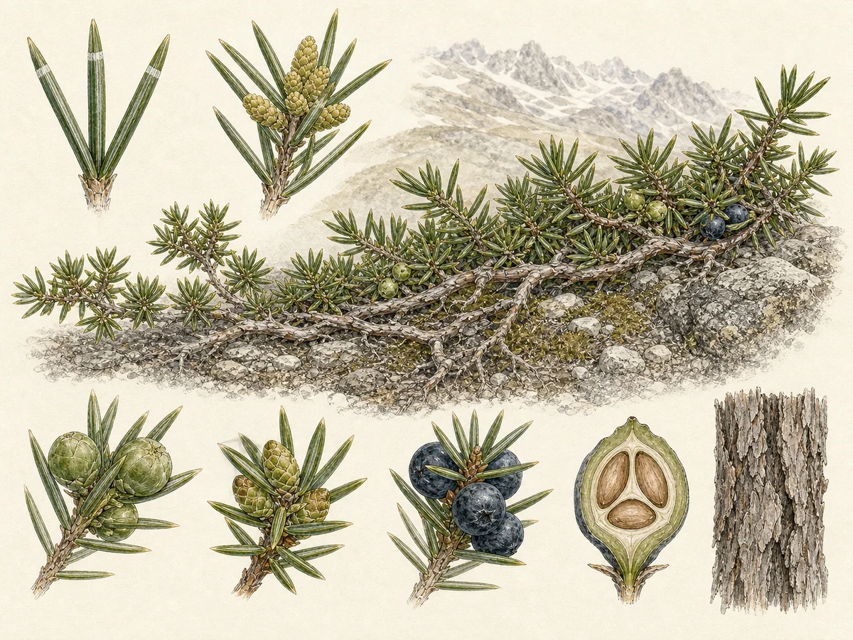 Prancha botânica complementar de Zimbro-rasteiro (Juniperus communis subsp. alpina) com caracteres de identificação e ciclo de vida