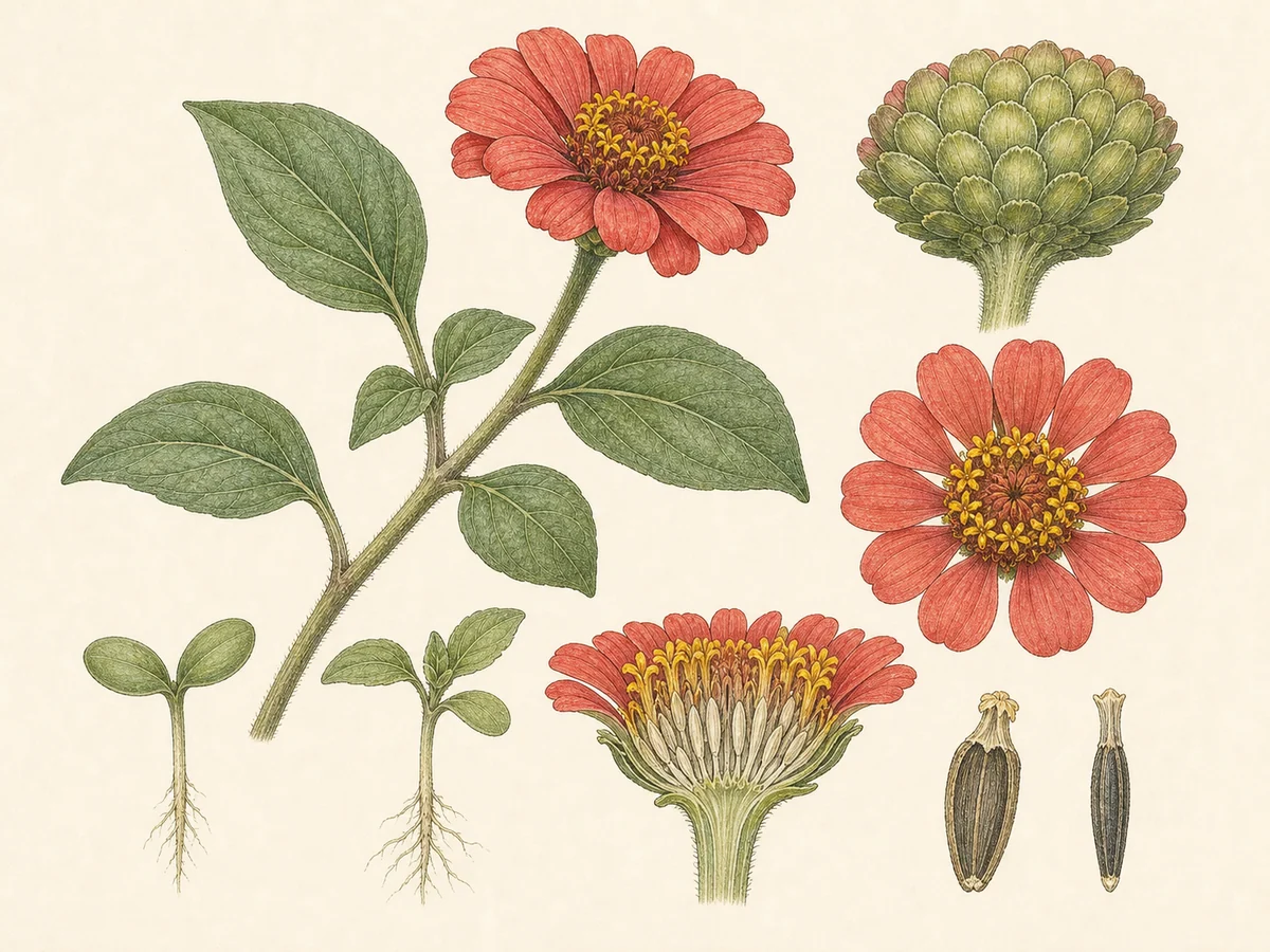 Prancha botânica complementar de Zínia (Zinnia elegans) com caracteres de identificação e ciclo de vida