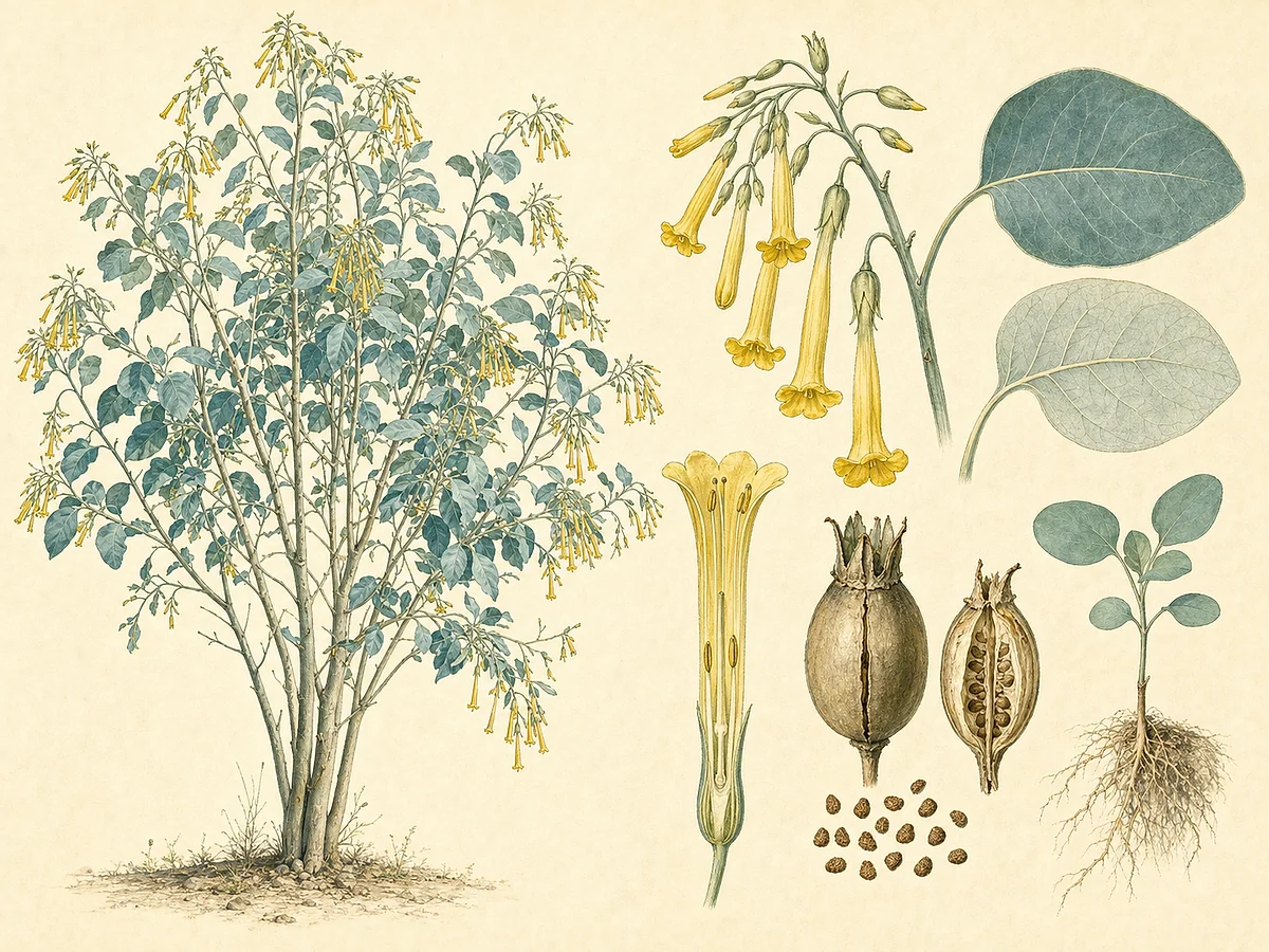 Prancha de Nicotiana glauca com arbusto lenhoso, folhas azuladas pecioladas, flores tubulares amarelas, cápsulas, sementes e plântula
