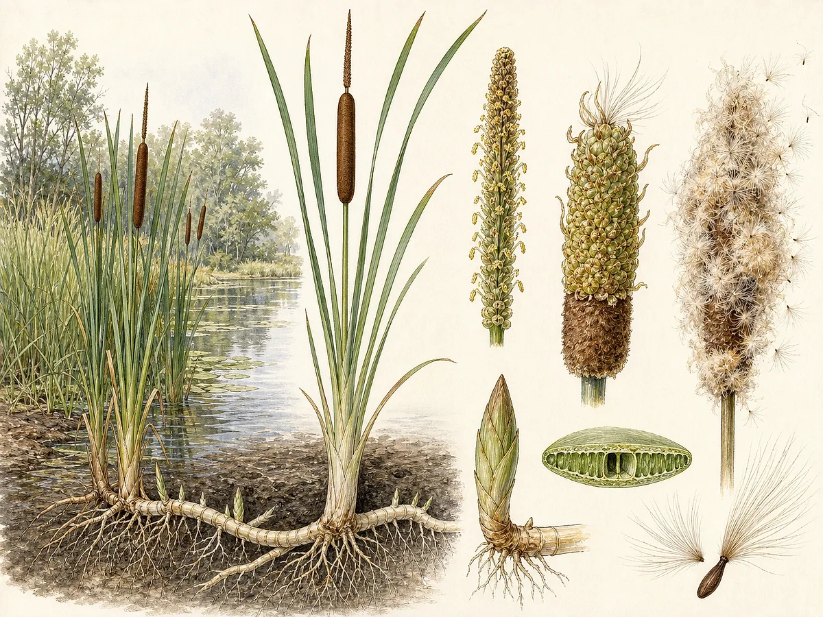 Prancha botânica de Typha domingensis com folhas altas estreitas, caule com espigas masculina e feminina separadas por intervalo, fruto lanoso, rizoma grosso e raízes