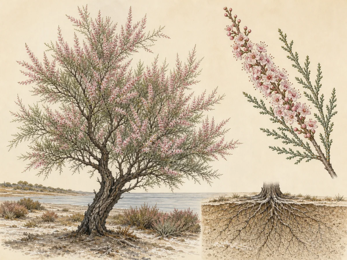 Ilustração botânica de tamargueira-africana com casca escura, ramos de folhas escamiformes e racemos rosados