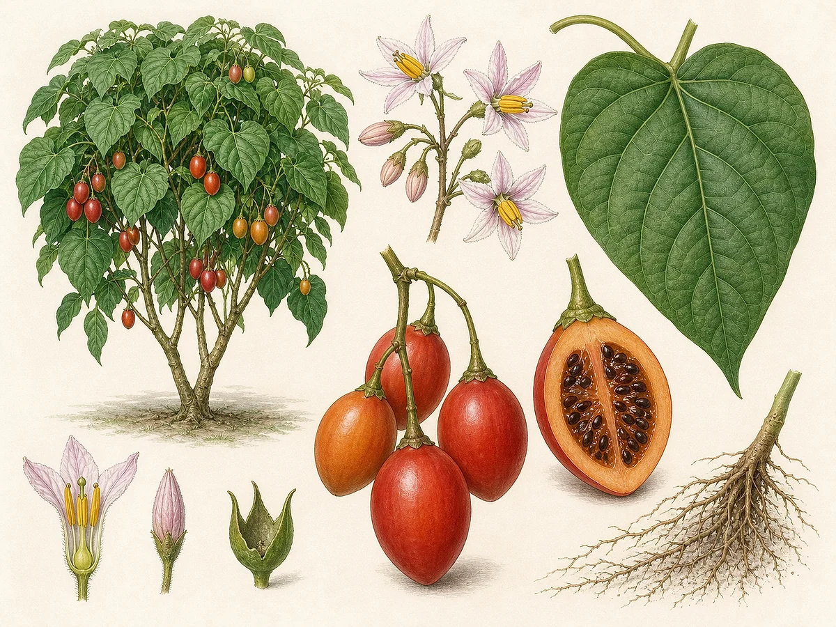 Prancha botânica de Solanum betaceum com pequena árvore, folhas cordiformes, flores estreladas, frutos vermelhos e fruto cortado