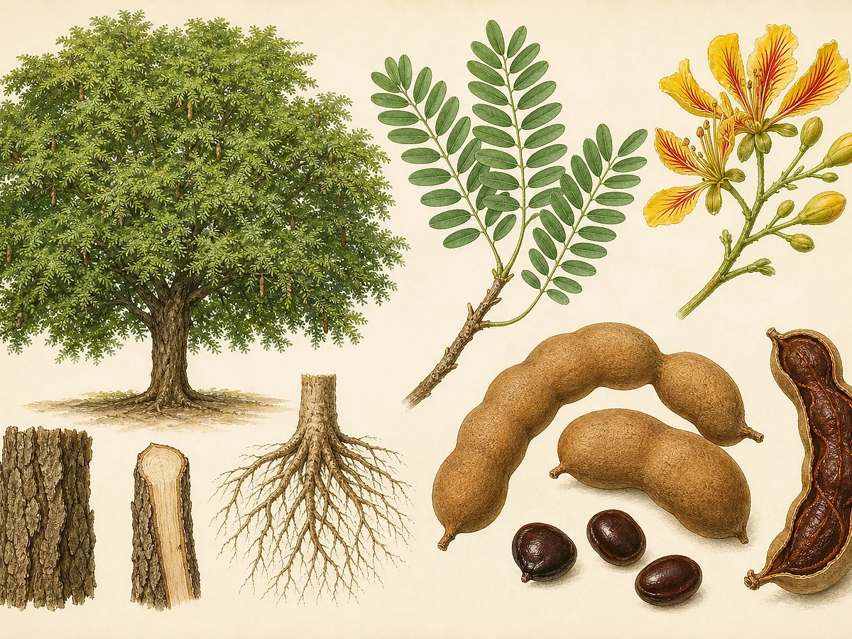 Prancha botânica de Tamarindus indica com árvore tropical, folhas paripinadas, flores amarelas raiadas, vagens castanhas e polpa com sementes