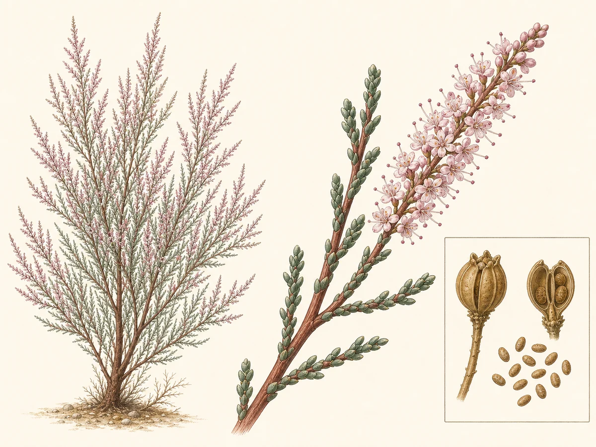 Prancha ilustrada de Tamarix gallica com arbusto de ramos avermelhados, folhas escamiformes, racemos rosados e cápsulas