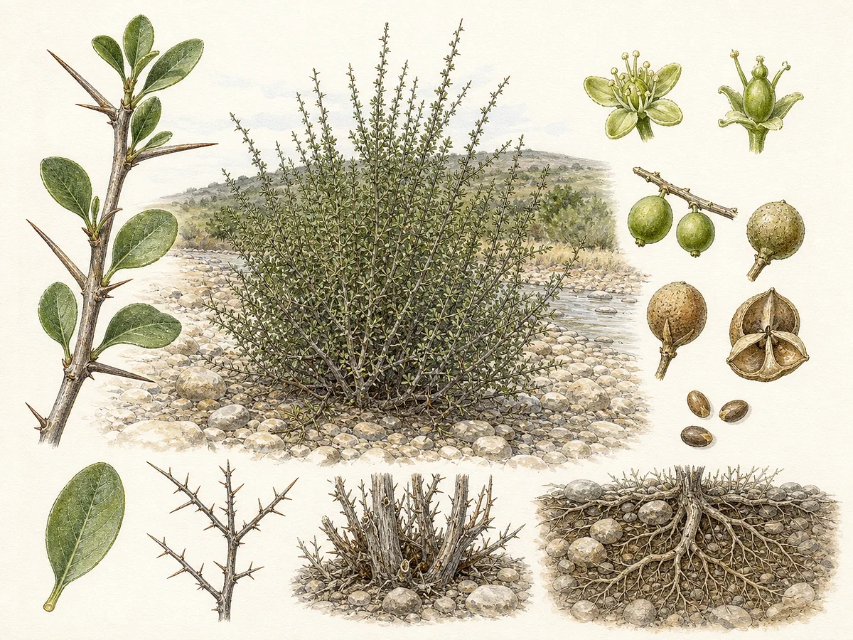Prancha botânica de Flueggea tinctoria com arbusto ribeirinho espinhoso, ramos rígidos, folhas pequenas alternas, flores discretas, cápsulas e hábito denso num leito pedregoso