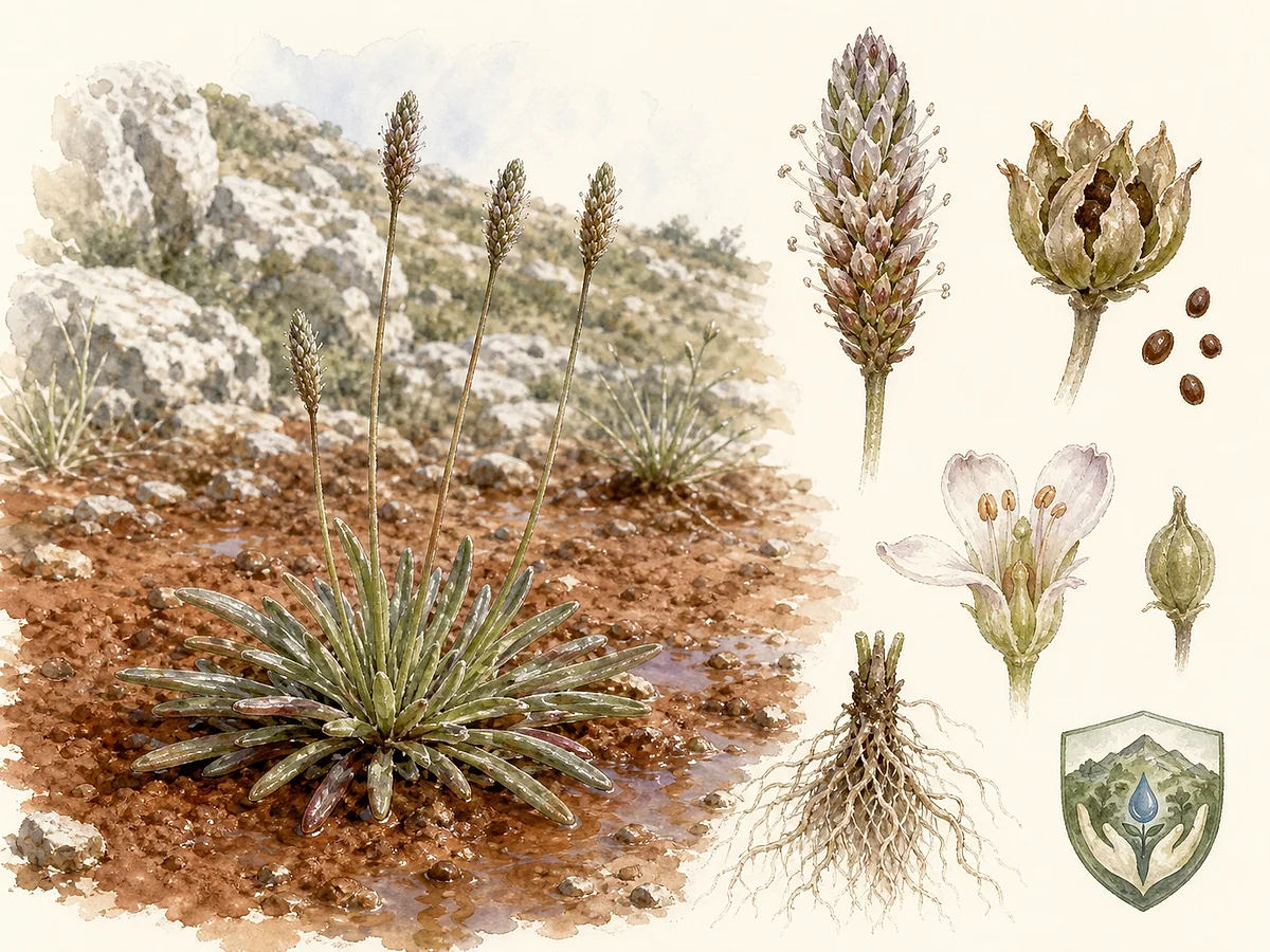 Prancha botânica de Plantago algarbiensis com roseta basal estreita, folhas ligeiramente carnudas, espigas florais finas e cápsulas com sementes