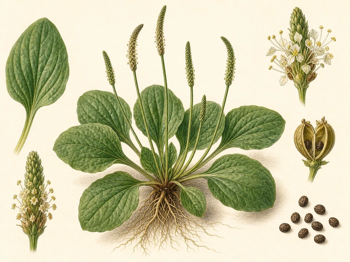 Prancha botânica de Plantago major com roseta de folhas largas nervadas, espigas, cápsulas, sementes e raízes