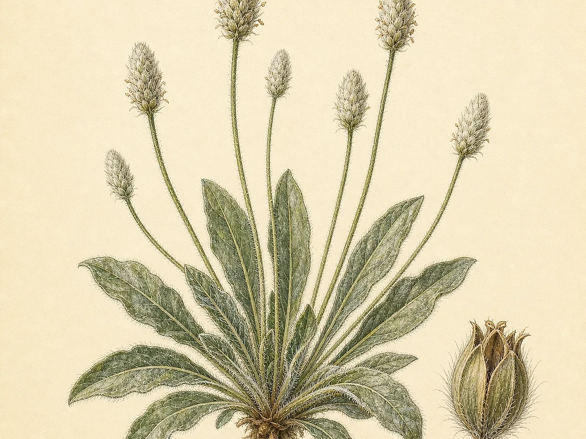 Prancha botânica de Plantago lagopus com roseta de folhas lanceoladas pilosas e espigas ovais densas e sedosas em pedúnculos longos