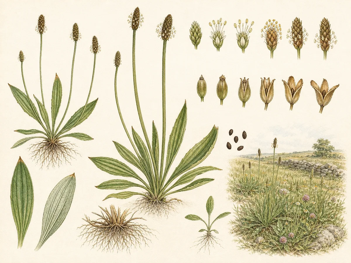 Prancha botânica de Plantago lanceolata com roseta de folhas lanceoladas de nervuras paralelas, espigas castanhas, anteras claras e cápsulas