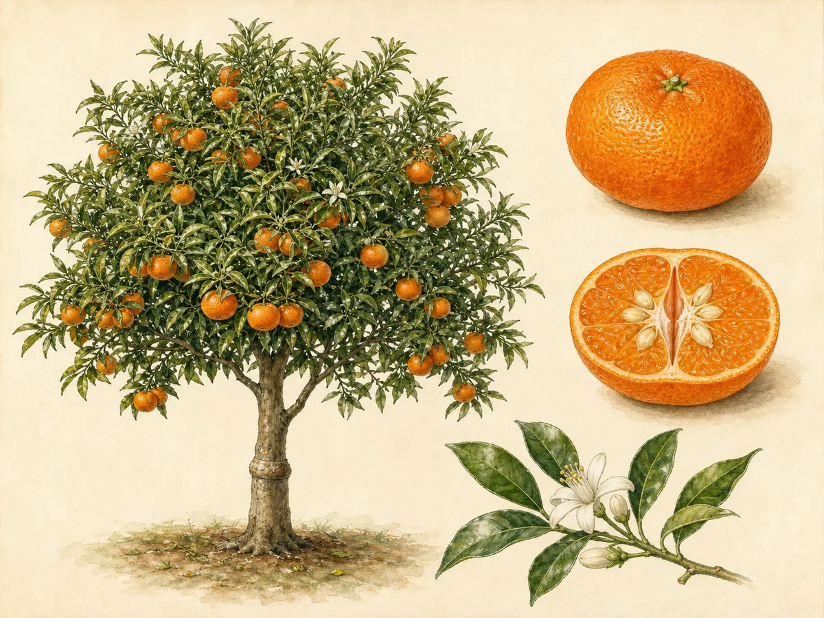 Prancha botânica da tangerineira híbrida Encore com copa carregada, flor e fruto tardio achatado, alaranjado e com algumas sementes