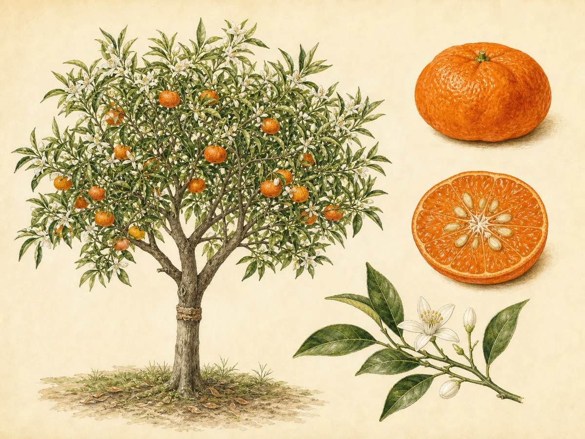 Prancha botânica da tangerineira portuguesa Setubalense com árvore aberta, flor, folha estreita e fruto achatado aromático com sementes