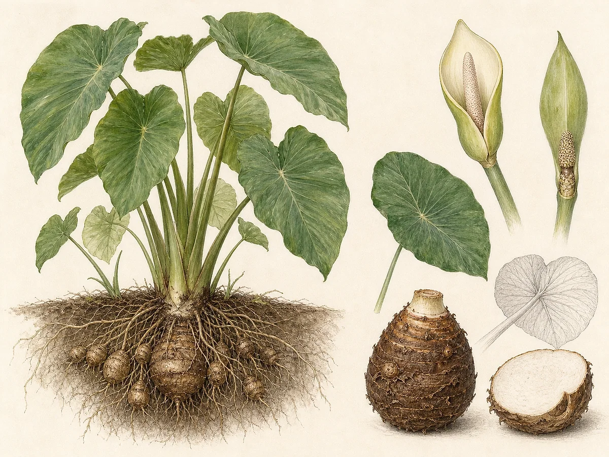 Prancha botânica de taro com folhas peltadas em coração, pecíolos, espata e espádice, cormo em corte, cormilhos e raízes