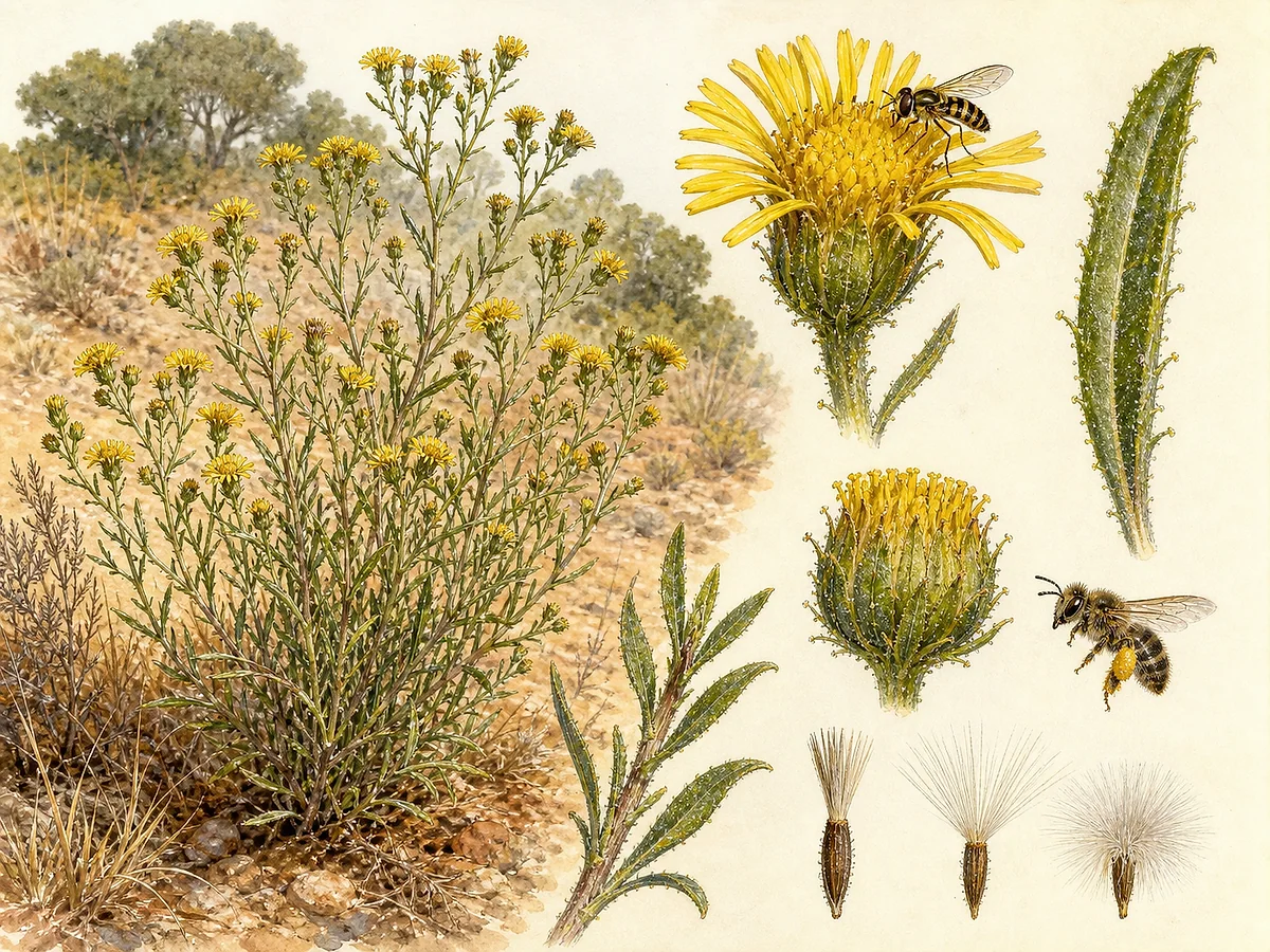 Prancha botânica de Dittrichia viscosa com subarbusto pegajoso, folhas estreitas aromáticas, numerosos capítulos amarelos, aquénios com papilho e visitantes florais