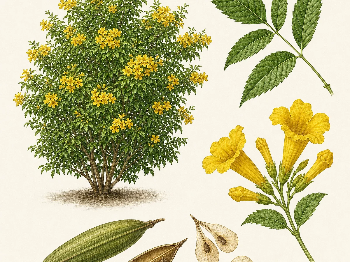 Prancha botânica de Tecoma stans com arbusto, folhas imparipinadas serradas, cachos de flores amarelas em trombeta, cápsula e sementes aladas