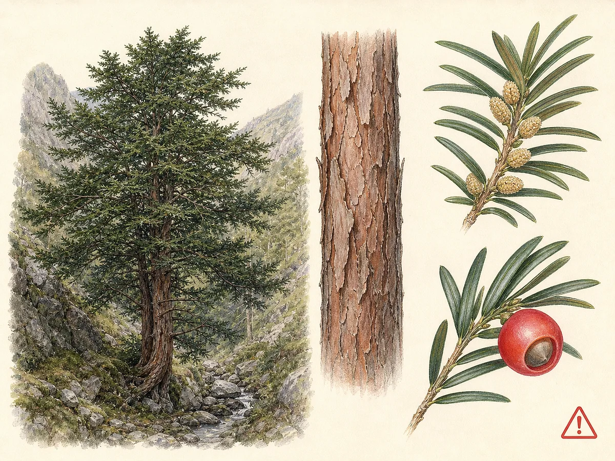 Prancha botânica de Taxus baccata com árvore perene, casca avermelhada descamante, folhas lineares planas, cones masculinos e semente parcialmente envolvida por arilo vermelho