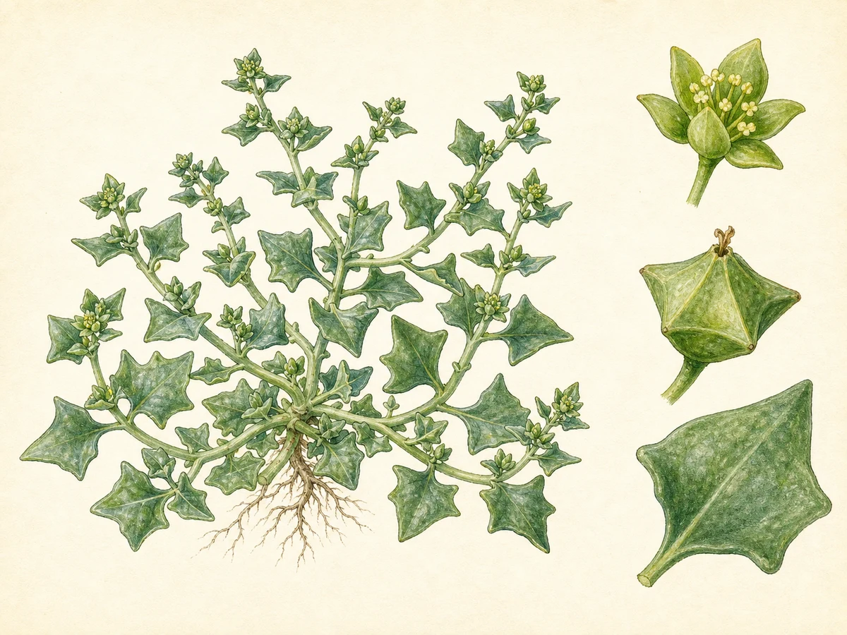 Prancha ilustrada de Tetragonia tetragonioides com ramos rasteiros, folhas suculentas triangulares e frutos angulosos quadrangulares junto das axilas