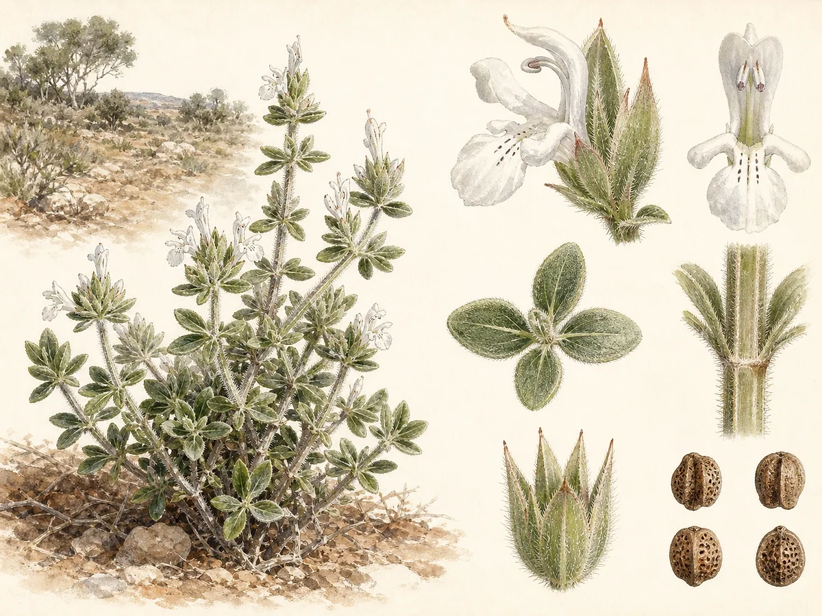 Prancha botânica de Teucrium algarbiense com subarbusto baixo, caules pilosos, folhas pequenas em verticilos de três e flores brancas labiadas