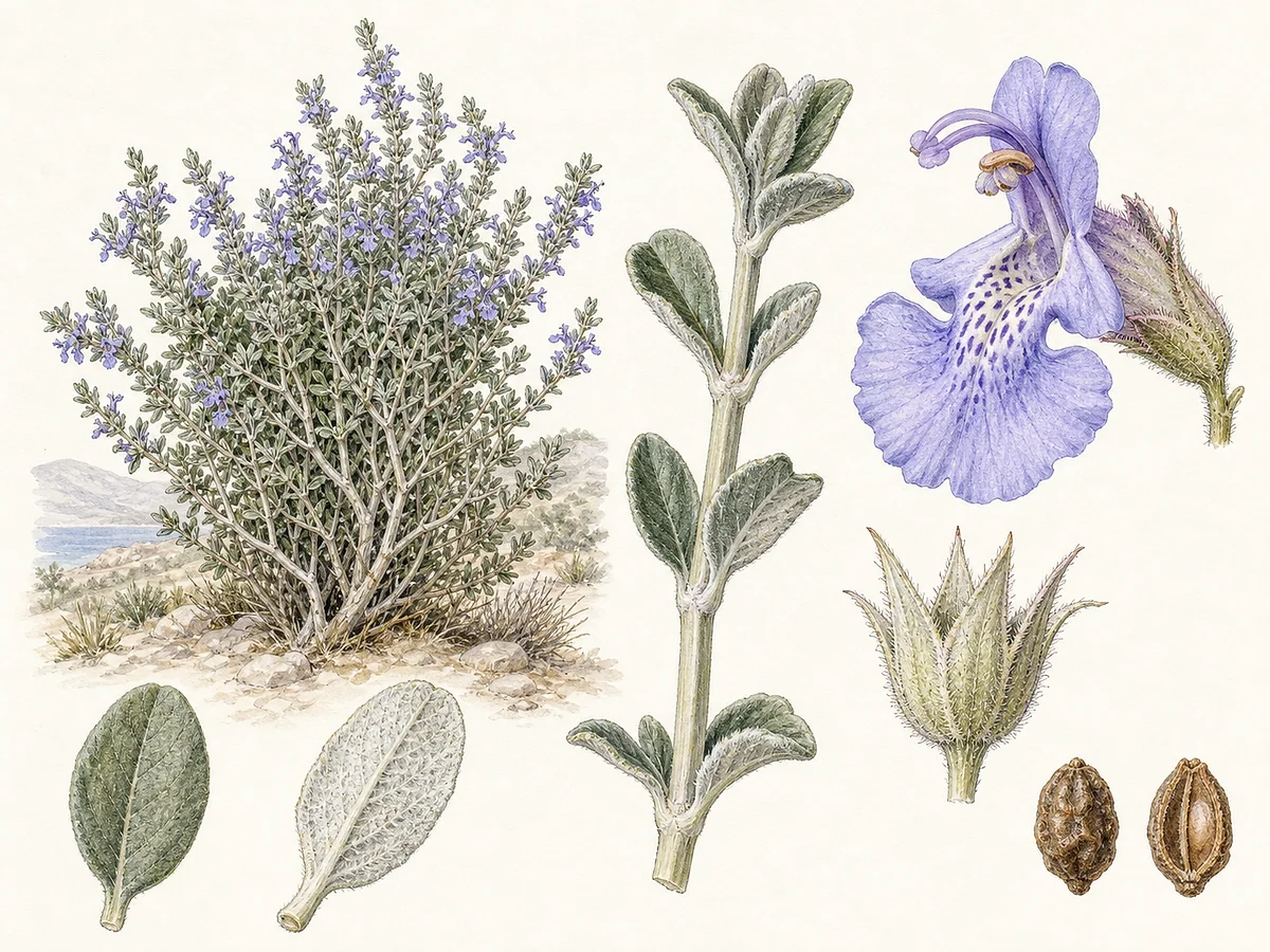 Prancha botânica de Teucrium fruticans com arbusto de ramos quadrangulares claros, folhas cinzento-verdes e flores azul-lilás com lábio inferior amplo