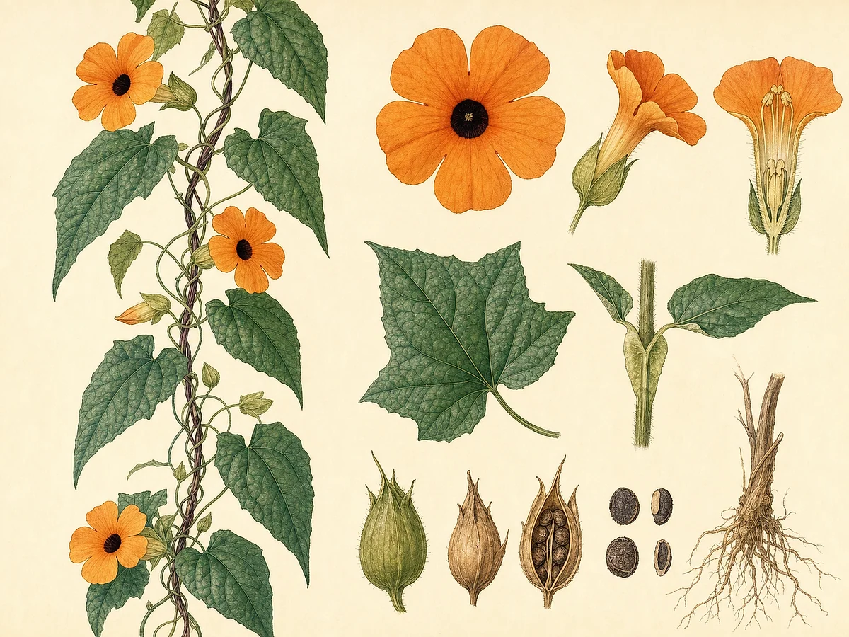 Prancha botânica de Thunbergia alata com trepadeira, folhas cordiformes, pecíolos alados, flores laranja de garganta escura, cápsula e sementes