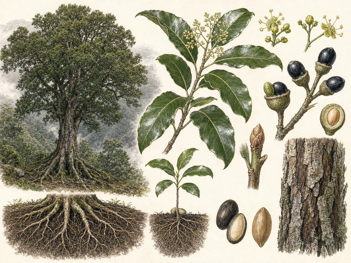 Prancha botânica de Ocotea foetens com grande árvore de laurissilva, folhas perenes lustrosas, pequenas flores, drupas escuras em cúpula e tronco rugoso