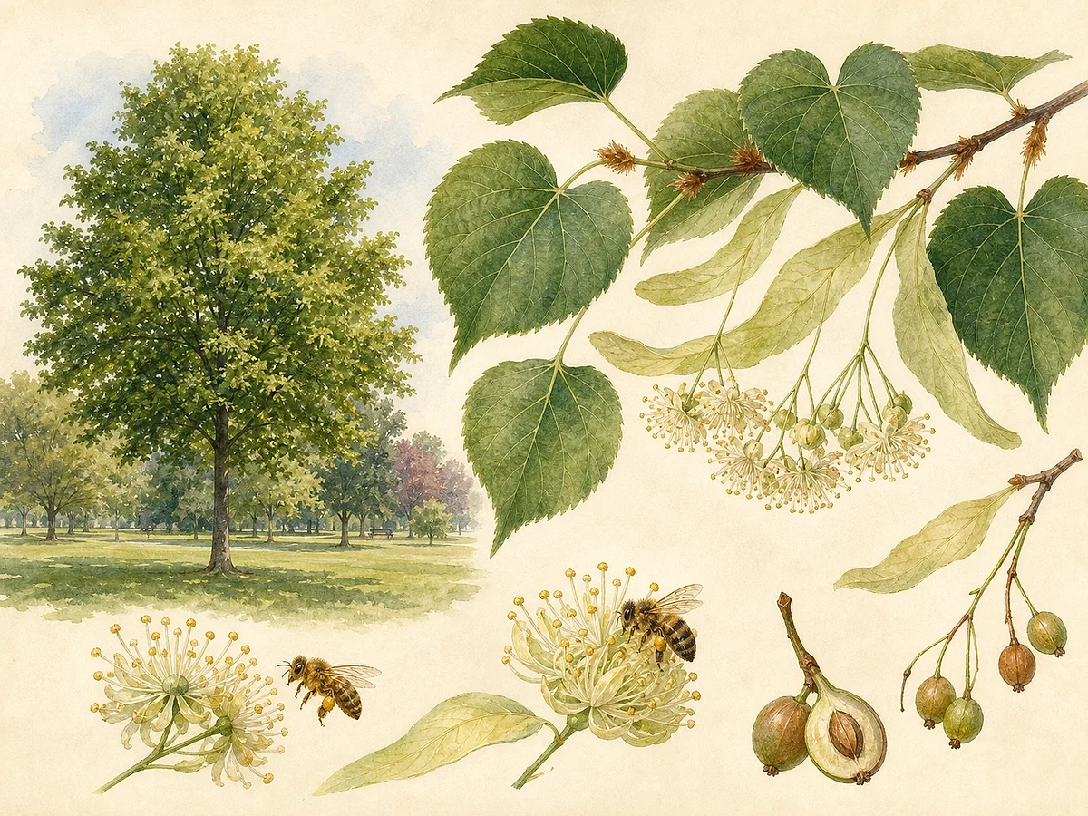 Prancha botânica de Tilia cordata com ramo de folhas pequenas cordiformes, tufos ferrugíneos nas axilas, cimeiras de flores creme ligadas a bráctea longa e pequenos frutos