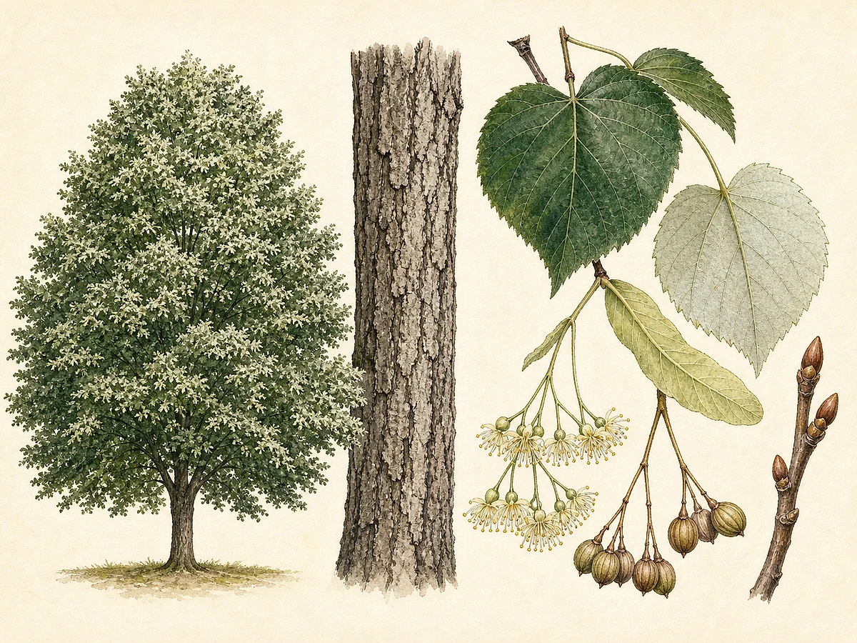 Prancha botânica de Tilia tomentosa com copa ampla, folhas cordiformes verde-escuras de verso branco tomentoso, flores pendentes com bráctea e pequenos frutos