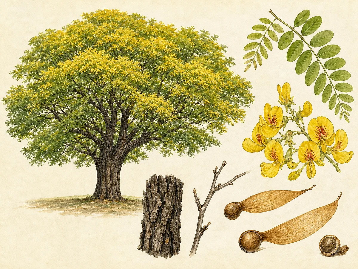 Prancha botânica de Tipuana tipu com copa larga, folhas imparipinadas, cachos de flores amarelas, sâmara com asa distal e casca fissurada