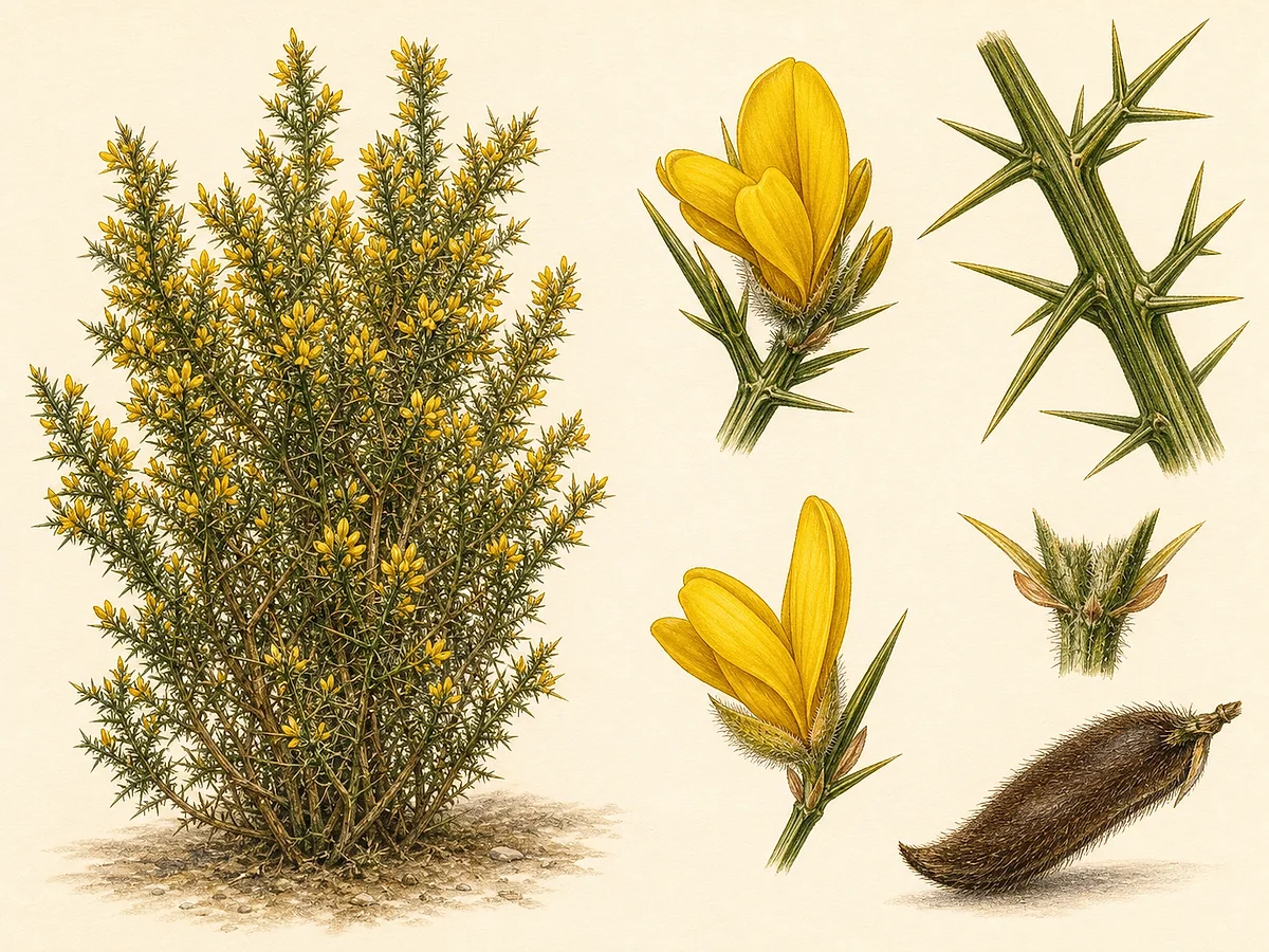 Prancha botânica de Ulex europaeus com arbusto alto muito espinhoso, ramos verdes sulcados, flores amarelas papilionáceas, bractéolas e vagem escura pilosa