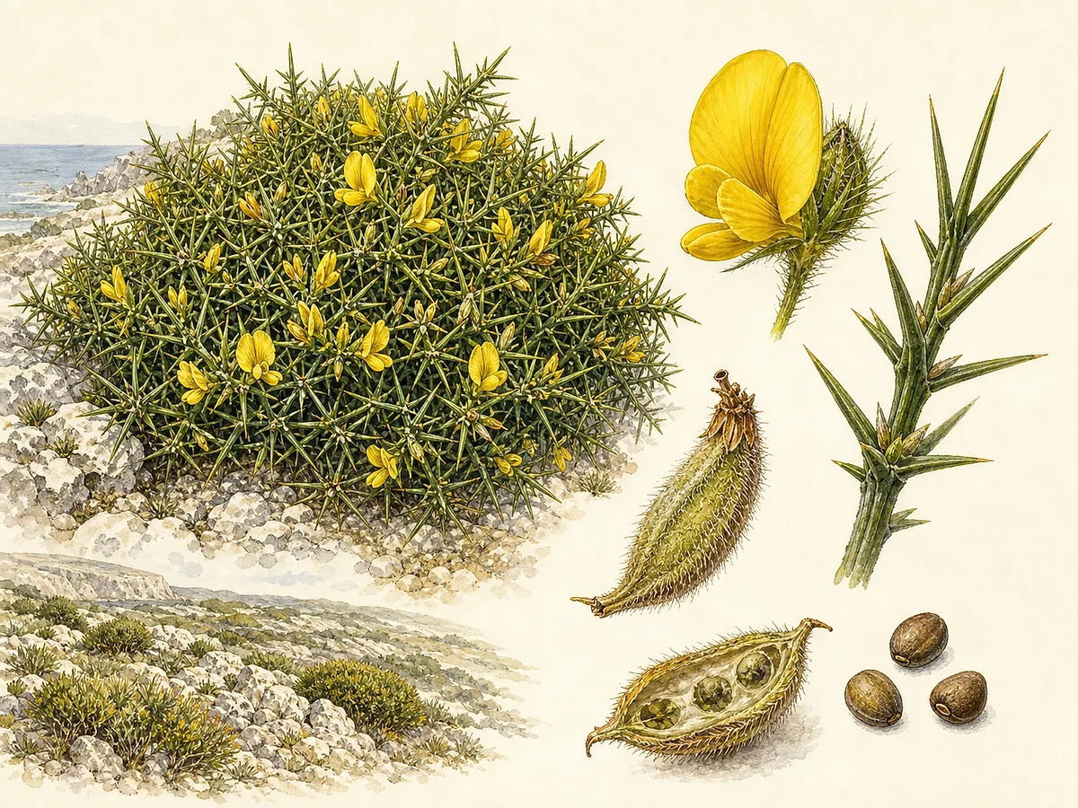 Prancha botânica de Ulex densus com pequeno arbusto muito denso e espinhoso, ramos verdes, flores amarelas papilionáceas e vagens curtas
