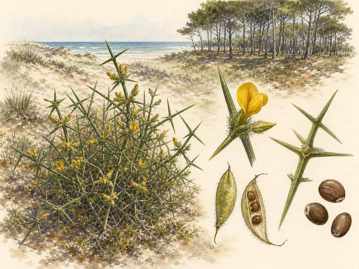 Prancha botânica de Stauracanthus genistoides com arbusto espinhoso aberto, ramos verdes, pequenas flores amarelas papilionáceas, cálice e vagens