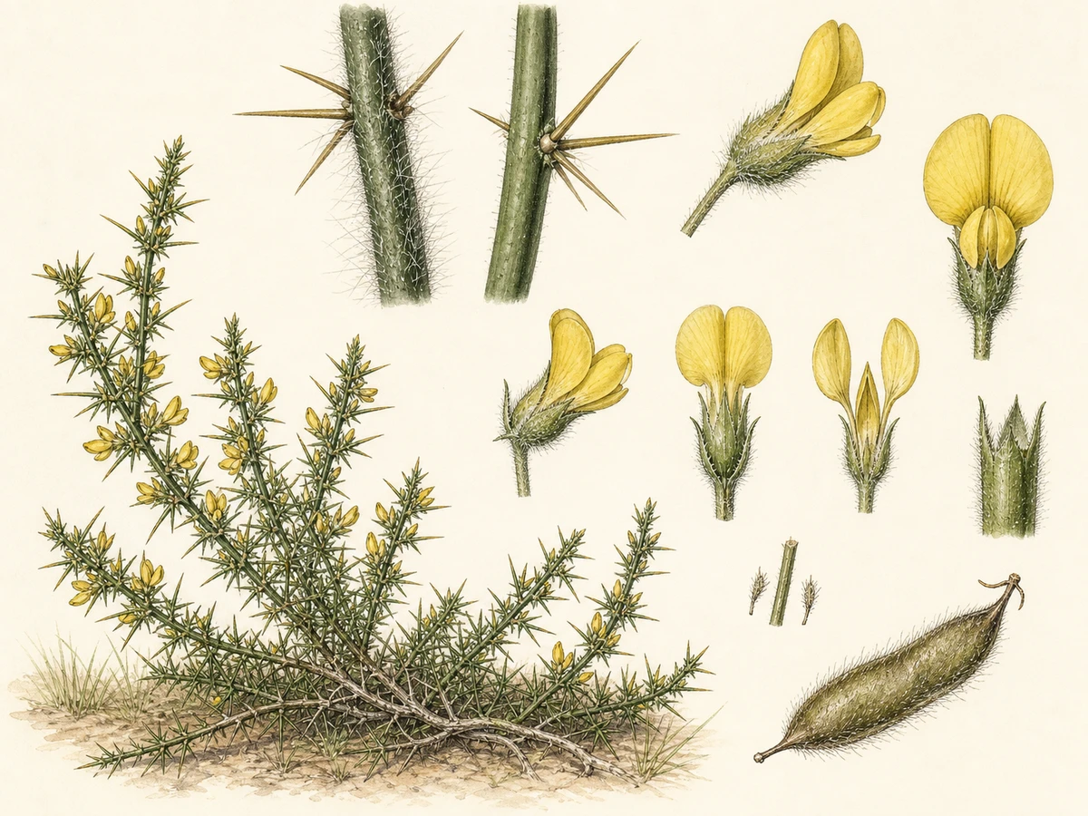 Prancha ilustrada de Ulex minor com arbusto aberto, dois tipos de pelo, espinhos ramificados em fascículos, filódios espinescentes, flores amarelas e vagem pilosa
