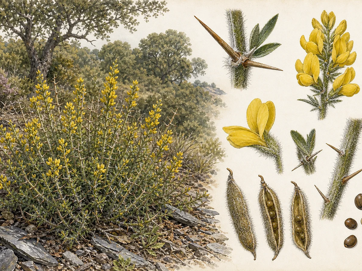 Prancha botânica de Genista hirsuta subsp. hirsuta com arbusto espinhoso e piloso, folhas simples pequenas, cachos densos de flores amarelas papilionáceas e vagens cobertas de pelos