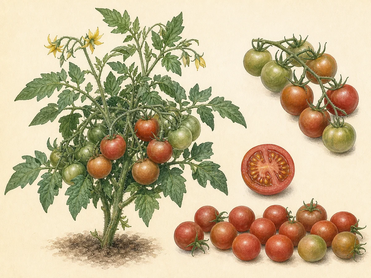 Prancha botânica do tomate Cereja de Inverno com planta determinada, flores amarelas, cachos de frutos pequenos vermelho-acinzentados e corte