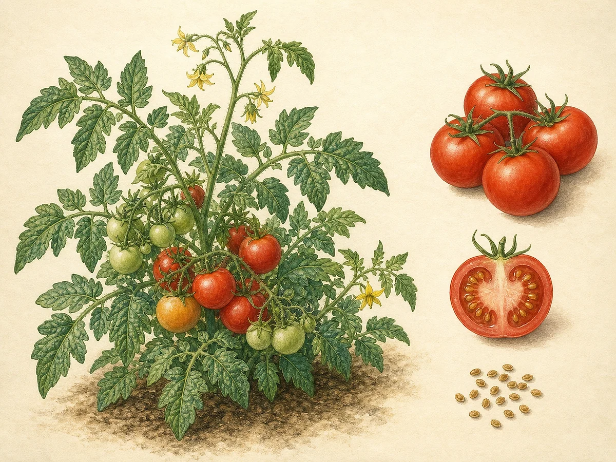 Prancha botânica do tomate Da Campina com planta determinada, flores amarelas, cachos de frutos vermelhos arredondados e sementes