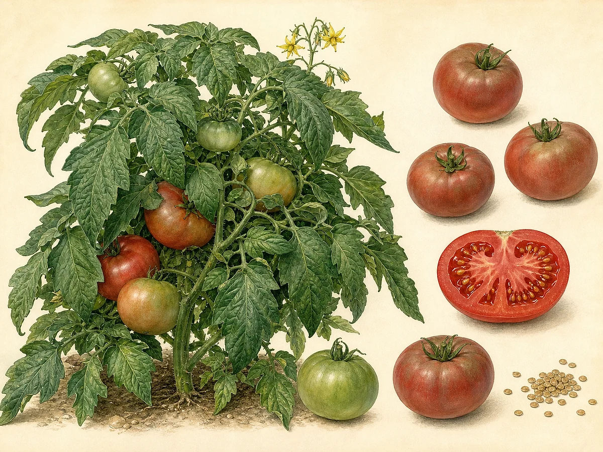 Prancha botânica do tomate Do Inverno com planta determinada vigorosa, frutos vermelho-acinzentados de casca grossa, corte vermelho e sementes