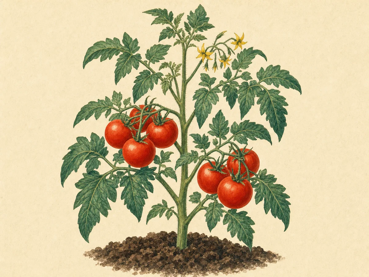 Ilustração botânica de um tomateiro com flores amarelas e tomates maduros
